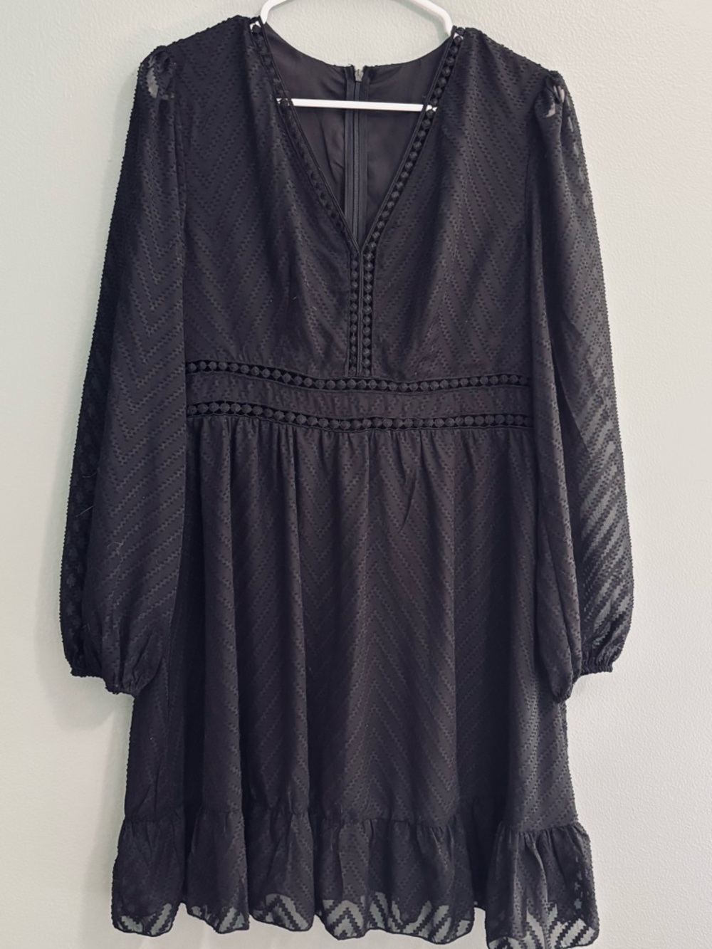 SHEIN Black Long Sleeve V-Neck Textured Mini Dress